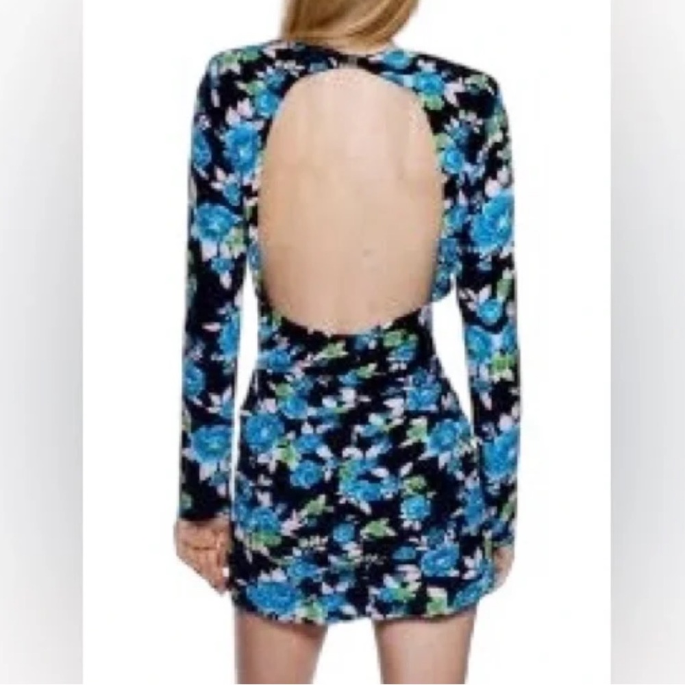 ZARA FLORAL BLACK & BLUE OPEN BACK LONG SLEEVE DRESS - Picture 2 of 6